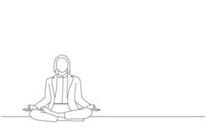 Karikatur einer lächelnden jungen Geschäftsfrau mit geschlossenen Augen, die meditiert, während sie am Arbeitsplatz schwebt. Einzeiliger Zeichenstil vektor