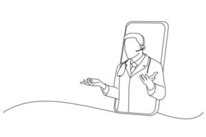 Cartoon eines Arztes mit Headset, der aus einem großen Smartphone-Bildschirm herausschaut und den Patienten online berät. Einzeiliger Zeichenstil vektor