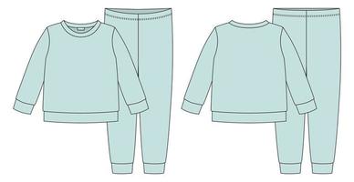 kleidung pyjamas technische skizze. eierschalenblaue Farbe. Sweatshirt und Hose aus Baumwolle für Kinder. vektor