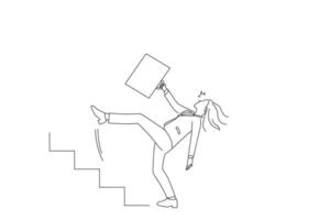 tecknad serie av betonade affärskvinna faller ner från stege trappa. företag kris och fel begrepp. översikt teckning stil konst vektor