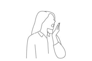 Illustration einer jungen Frau, die ihren Mund mit der Hand bedeckt, Ekel und schlechter Geruch, Mundgeruch. Linienkunststil vektor