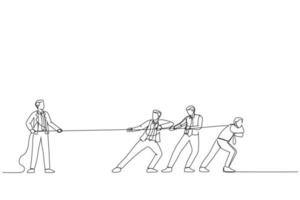 karikatur des geschäftsteams, das seil gegen erfolgreichen geschäftsmann zieht. Kunststil mit einer durchgehenden Linie vektor