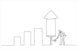 tecknad serie av smart affärsman antända fyrverkeri raket bar Graf till öka företag tillväxt. växa din företag, lyft investering vinst. enda kontinuerlig linje konst stil vektor