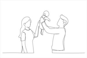 Zeichnung des Vaters, der den neugeborenen Jungen in die Luft hebt und ihn küsst, die Mutter schaut an der Seite zu. Einzeiliger Kunststil vektor