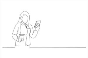 Illustration der Geschäftsfrau mit einem Smartphone im Freien. Kunst im Stil einer Linie vektor