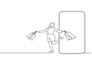 karikatur einer fröhlichen kundenin, die einkaufstüten hält, die aus dem leeren handy-bildschirm gehen. Linienkunststil vektor