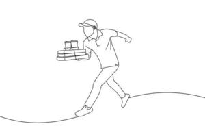 Zeichnung eines jungen Lieferboten, der mit Pizzaschachteln und Kaffee zum Mitnehmen läuft. Einzeiliger Zeichenstil vektor