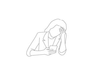Illustration einer verwirrten jungen Geschäftsfrau, die auf den Smartphone-Bildschirm schaut und sich deprimiert fühlt. Linienkunststil vektor