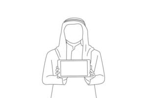 karikatur eines gutaussehenden asiatischen mannes stellt eine anwendung, ein projekt oder eine finanzielle vorstellung vor und zeigt einen digitalen tablettenbildschirm. Einzeiliger Zeichenstil vektor