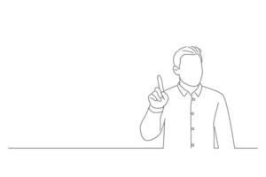 tecknad serie av ung stilig man som visar och pekande upp med finger siffra ett medan leende självsäker och Lycklig. ett linje konst vektor