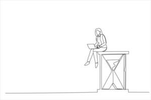 Illustration einer Geschäftsfrau, die mit gekreuzten Laptopbeinen auf der Sanduhr sitzt. zeitmanagement- und aufschubkonzept. Kunst im Stil einer Linie vektor