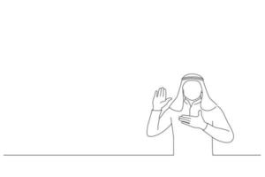 karikatur eines jungen gutaussehenden arabischen geschäftsmannes, der mit der hand auf der brust und der offenen handfläche schwört und einen treueschwur leistet. Linienkunststil vektor