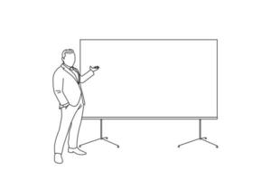 illustration av affärsman stående isolerat på vit bakgrund, innehav hand i ficka, leende och presenter till whiteboard. en linje konst teckning stil vektor