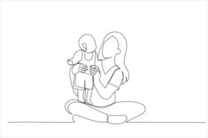 karikatur der mutter und ihres kindes babymädchen, das am sommertag spielt. Kunststil mit einer durchgehenden Linie vektor