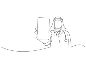 karikatur eines arabischen arztmannes, der smartphone vertikal mit kopiertextbereich für die werbung auf dem display hält. Linienkunststil vektor