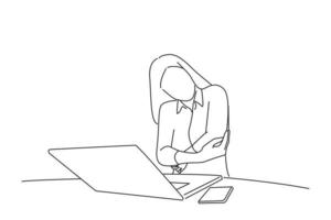 Illustration einer gestressten Frau, die zu Hause am Schreibtisch vor dem Laptop sitzt und mit schmerzerfülltem Ausdruck den schmerzenden Ellbogen berührt. Linienkunststil vektor