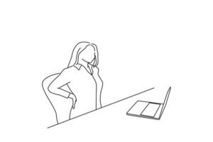 Karikatur einer freiberuflichen jungen Frau, die unter Rückenschmerzen leidet, während sie zu Hause in ihrem Büro arbeitet. Linienkunststil vektor