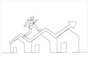 Zeichnung einer Geschäftsfrau, die auf einem steigenden grünen Diagramm auf dem Hausdach läuft. Wohnungspreise steigen. einzelne fortlaufende Strichzeichnungen vektor
