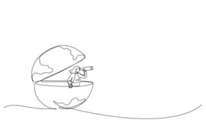 Cartoon der Geschäftsfrau Open Globe mit Teleskop auf der Suche nach Vision für neue Möglichkeiten. arbeit oder investition, suche nach übersee-geschäftskonzept. Kunststil mit einer durchgehenden Linie vektor