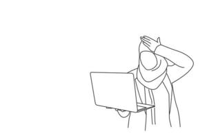 karikatur einer geschäftsfrau, die einen muslimischen hijab trägt und einen laptop verwendet, der mit der hand auf dem kopf gestresst ist. Einzeiliger Zeichenstil vektor
