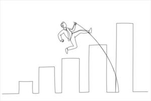 Zeichnung eines Geschäftsmannes, der Stabhochsprung über Wachstumsbalkendiagramm springt. Geschäftswachstum, Verbesserung. Einzeiliger Kunststil vektor