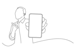 Zeichnung eines aufgeregten Geschäftsmannes, der ein großes Smartphone mit weißem, leerem Bildschirm in der Hand hält und auf das Gerät zeigt. eine Strichzeichnung vektor