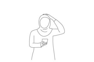 illustration einer gestressten oder besorgten jungen arabischen frau mit der hand über dem kopf, die frustrierende nachrichten liest. Linienkunststil vektor