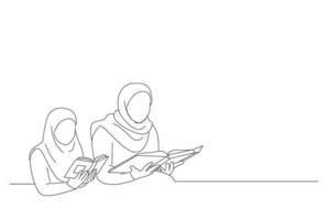 karikatur einer muslimischen mutter und tochter mit kopftuch lesen gemeinsam den koran. Linienkunststil vektor