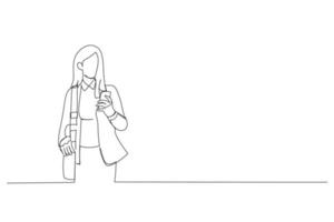 Cartoon einer jungen Geschäftsfrau, die sich Nachrichten auf dem Handy ansieht, während sie auf der Straße in der Innenstadt spazieren geht. Kunststil mit durchgehender Linie vektor