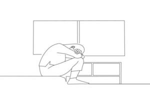 illustration av ung asiatisk kvinna känsla upprörd, ledsen, olycklig eller svika gråt ensam i henne rum. ett linje konst vektor