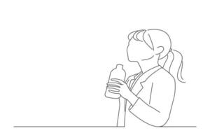karikatur einer jungen asiatischen frau, die eine flasche wasser trinkt. Einzeiliger Zeichenstil vektor