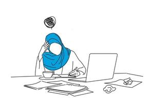 Zeichnung einer müden jungen muslimischen Geschäftsfrau, die sich gestresst fühlt und den Kopf mit den Händen hält. einzelne fortlaufende Strichzeichnungen vektor