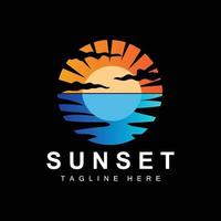 sonnenuntergang strand logo design, meerblick illustration, roter tag urlaubsort vektor