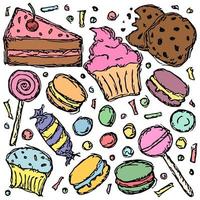 Süßigkeiten und Süßigkeiten-Symbole. Süßigkeiten Hintergrund. Doodle-Vektor-Illustration mit Süßigkeiten und Bonbons vektor