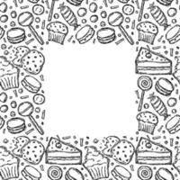 sömlös godis ram med plats för text. sötsaker och godis bakgrund. klotter vektor illustration med sötsaker och godis ikoner