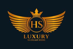luxus königlicher flügelbuchstabe hs wappengoldfarbe logovektor, siegeslogo, wappenlogo, flügellogo, vektorlogovorlage. vektor