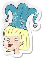 retro bedrövad klistermärke av en tecknad serie kvinna bär gycklare hatt vektor