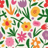 Ästhetisches, zeitgenössisches, druckbares, nahtloses Muster mit retro-groovigen Blumen. dekorativer naiver Vintage-Boho-Hintergrund im Stil der 60er, 70er Jahre im minimalistischen Stil der Mitte des Jahrhunderts für Stoff, Tapete oder Verpackung vektor