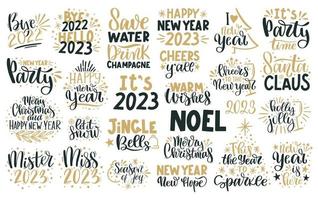 glad jul och Lycklig ny år text. vinter- Semester hälsning kort, xmas citat och fraser illustration uppsättning. typografi samling för banderoller, vykort, hälsning kort, gåvor vektor