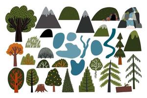 uppsättning med landskap element, berg, träd, vatten kroppar, etc. hand dragen platt vektor illustration