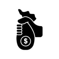Hand mit Geldsack-Symbol. symbol im zusammenhang mit wohltätigkeit, geschäft. Glyphen-Icon-Stil, solide. einfaches Design editierbar vektor