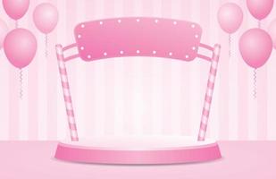 niedliche rosa podiumsanzeigebühne mit bogenglühbirnenzeichen und ballons 3d-illustrationsvektor auf süßer pastellrosa gestreifter wand zum platzieren ihres objekts