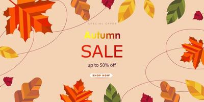 höst försäljning digital affisch, baner ad med röd och orange löv faller ner. geometrisk former. vektor illustration