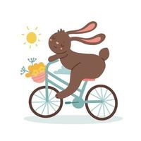 süßes lächelndes kaninchen, das fahrrad mit einem blumenkorb fährt. warme frühlingsspaßaktivität. kinderdesign für karten, kleidung, t-shirt-druck. gemütlicher Charakter. flache vektorillustration lokalisiert auf weiß vektor