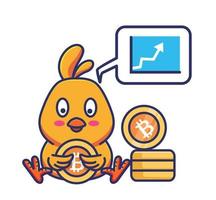 süße aufwärtstrendmarktdiagramm bitcoin-küken, die münze halten. Tier flache Cartoon-Stil Illustration Symbol Premium-Vektor-Logo-Maskottchen geeignet für Web-Design-Banner-Charakter vektor