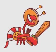 cartoon crab spartan bringen schwert und schild aus holz. isolierte illustration des karikaturtiernaturkonzepts. flacher Stil geeignet für Aufkleber-Icon-Design Premium-Logo-Vektor. Maskottchen Charakter vektor