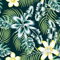 grüne abstrakte hibiskusblüte nahtloses muster mit tropischen monstera-palmenblättern und bananenpflanzenlaub auf dunklem hintergrund. süßer gelber Hibiskus. Blumenhintergrund. Naturtapete. Sommer vektor