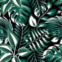 grön djungel illustration sömlös mönster med tropisk löv och växter lövverk på natt bakgrund. skog illustration. skog tapet. natur bakgrund. monstera handflatan blad. exotisk tropikerna vektor