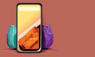 Online-Shopping oder Lieferkonzept Illustration 3D-Vektor zeigen Trolley, Taschen und Kisten. modernes, trendiges Design in leuchtenden Farben auf dem Smartphone vektor