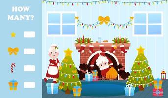 Weihnachtsrätsel für Kinder mit dem Weihnachtsmann, der aus dem Schornstein kommt, Frau Klaus schmückt den Baum, druckbares Arbeitsblatt für Kinder im Cartoon-Stil, wie viele Spiele vektor